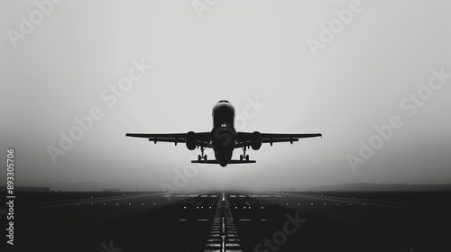 The plane takes off, silhouetted against the sky.