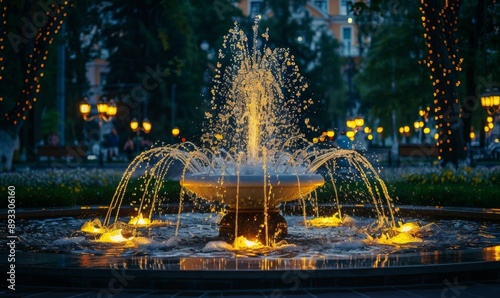 Enchanting Urban Oasis: Illuminated Fountain Spectacle in City Center Park at Twilight. Majestic Water Display Against Backdrop of Glowing Skyscrapers. Summer Evening Cityscape with Vibrant Nightlife.