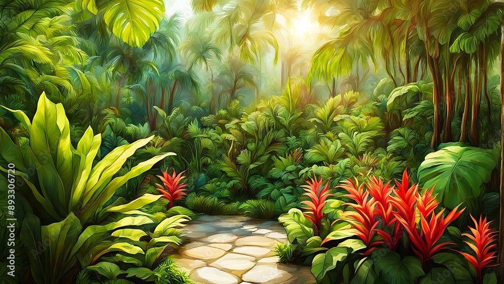 Fototapeta premium Lush tropical jungle with exotic plants and flowers, bathed in warm sunlight and vibrant colors