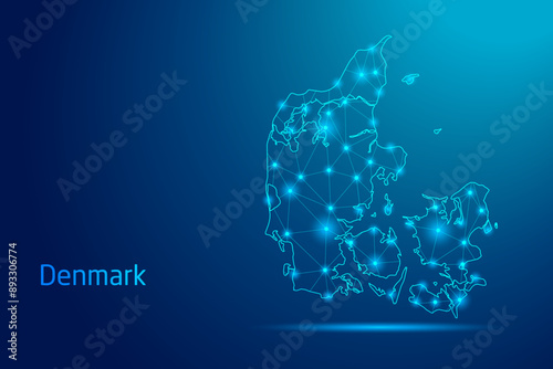 Denmark map - concept of communication technology, graphic of low poly.