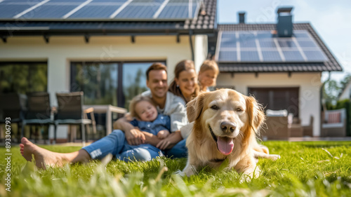 A joyful family and their pet dog enjoy quality time outside their environmentally friendly solarpowered home, creating beautiful memories in the yard