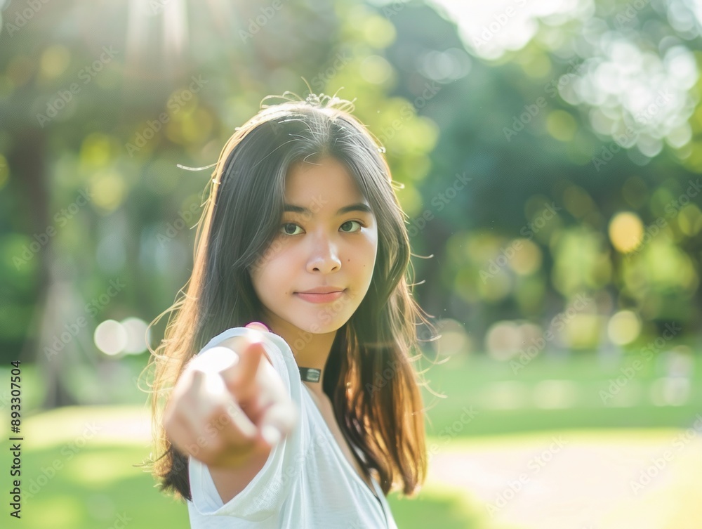 Precisely Captured: A Lovely Asian Woman Gazing Through a Blurry Lens in the Park Precisely Captured: A Lovely Asian Woman Gazing Through a Blurry Lens in the Park