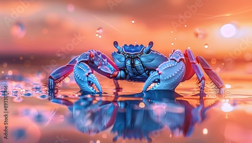 Vibrant Crab on a Reflective Beach at Sunset