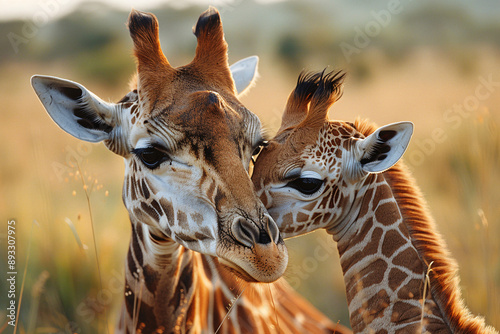 Mother giraffe and her cub showing love and care in a wildlife scene, perfect for nature and animal-related events and promotions.
