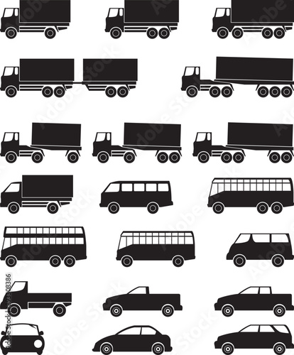 icon set of silhouettes of heavy vehicles trucks buses and mini buses isolated on white background