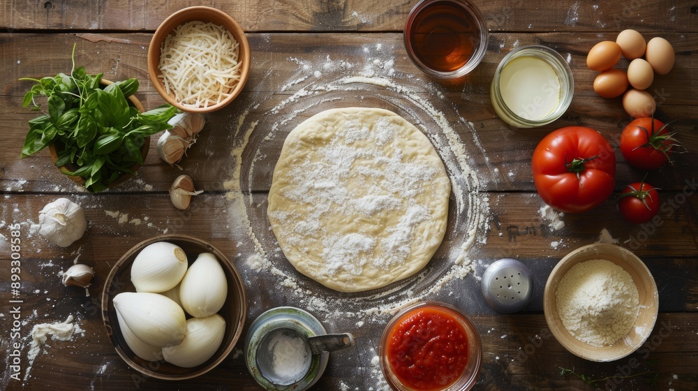 Photo of ingredients for pizza, before baking, on a wooden table, top view, step-by-step recipe. Photo of ingredients for pizza, before baking, on a wooden table, top view, step-by-step recipe.