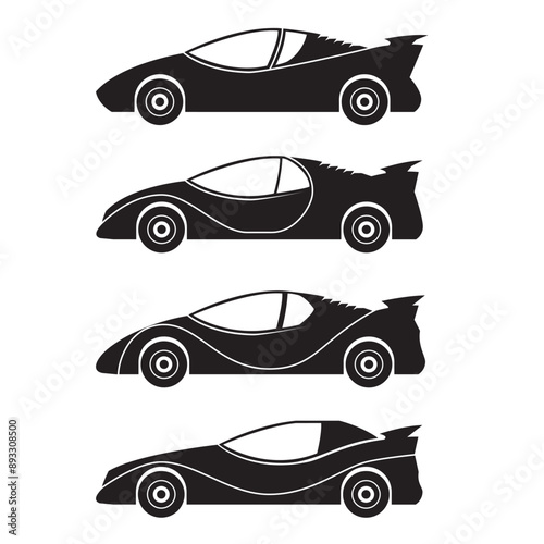 four silhouette images of super cars isolated on white background