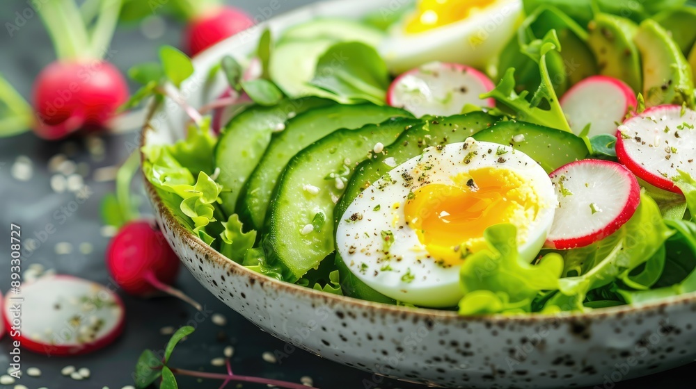 Keto Green Salad with Eggs, Avocado, Radishes, and Cucumbers for Summer Keto Green Salad with Eggs, Avocado, Radishes, and Cucumbers for Summer