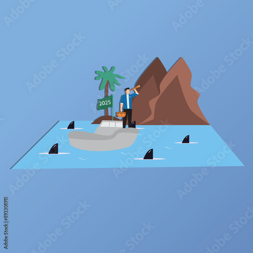 Illustration of a businessman sailing on a paper boat with 2025 waving flag while scouting for business opportunities using a telescope, business opportunities, happy new year 2025