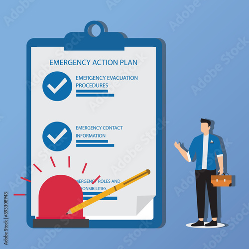 Business emergency action plan with businessman holding pencil standing next to siren and emergency plan list paper, emergency action plan, emergency action plan when business disaster occurs