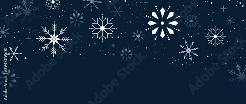 Elegant winter snowflake background vector illustration. Decorative snowflake and snowfall on navy blue background. Design suitable for invitation card, greeting, wallpaper, poster, banner.