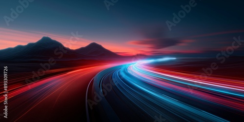 Long Exposure of Light Trails on Mountain Road at Dusk, Motion Adventure