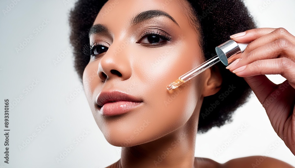 Brown Skinned Woman holding a Pipette with Skincare Serum - Applying Serum to her Face - Hyaluronic Acid, Anti Aging, Moisturiser, Repair, Hydrating, Vitamin, Ascorbic, Retinol, Exfoliant, Azelaic Brown Skinned Woman holding a Pipette with Skincare Serum - Applying Serum to her Face - Hyaluronic Acid, Anti Aging, Moisturiser, Repair, Hydrating, Vitamin, Ascorbic, Retinol, Exfoliant, Azelaic