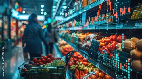 People shopping in a grocery store with an overlaid stock market graph. The graph displays fluctuating financial data