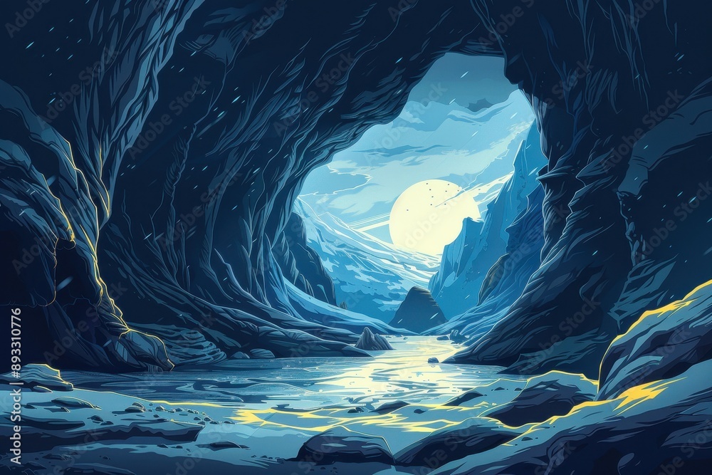 Snowy mountain landscape with a glowing moon and river flowing through a dark cave