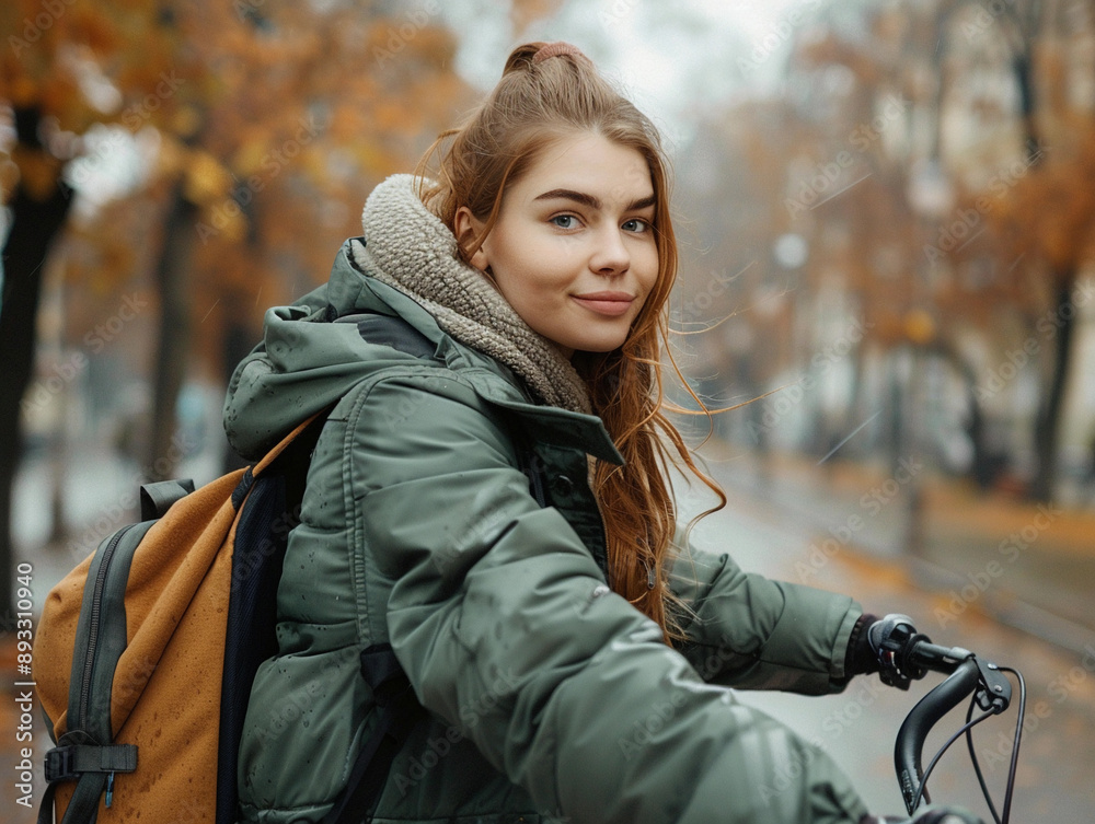 Woman Riding a Bicycle in Autumn Rain Woman Riding a Bicycle in Autumn Rain
