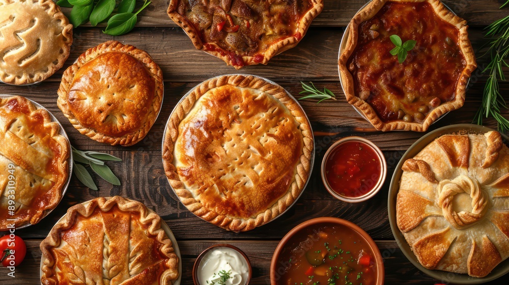 A wooden table is covered in various pies A wooden table is covered in various pies