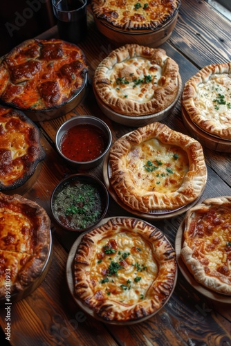 A wooden table is covered in various pies