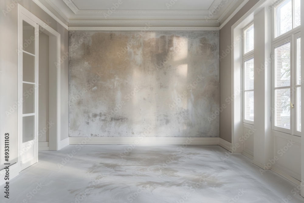 empty room with white walls, concrete floor and window empty room with white walls, concrete floor and window