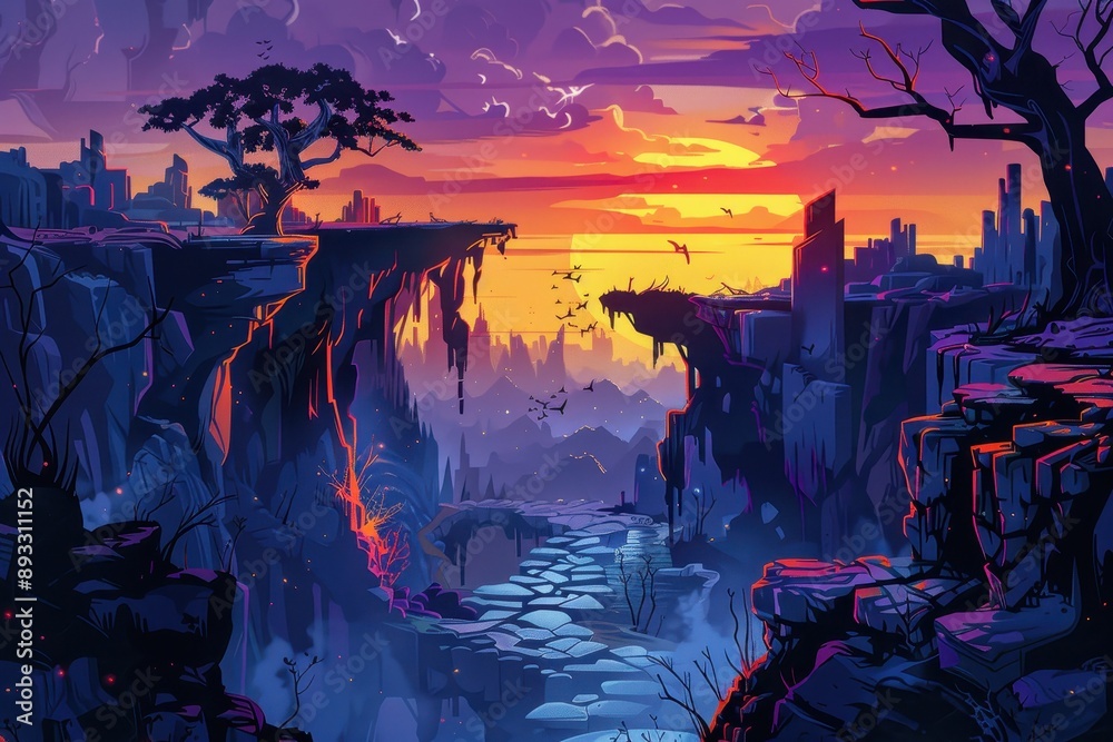 Vibrant sunset over a mystical chasm with a stone path Vibrant sunset over a mystical chasm with a stone path