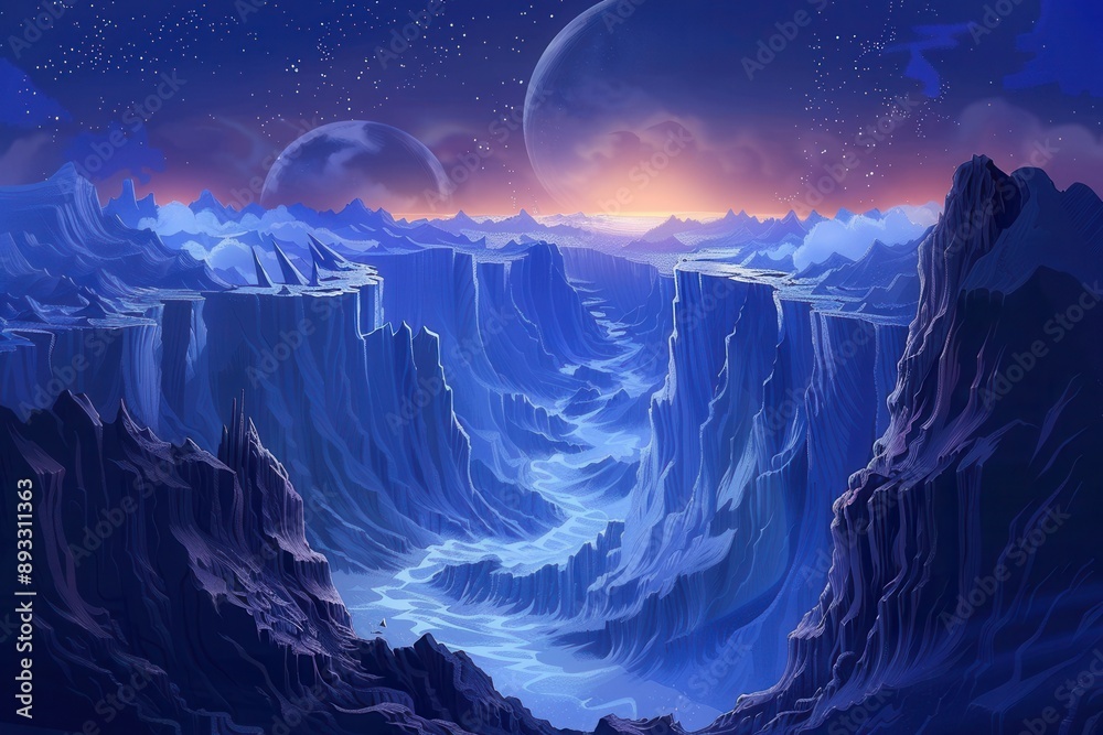 Fantasy landscape with blue icy mountains and a starry sky Fantasy landscape with blue icy mountains and a starry sky