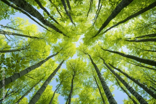 Looking Up at Towering Trees with Sunlight Through Foliage