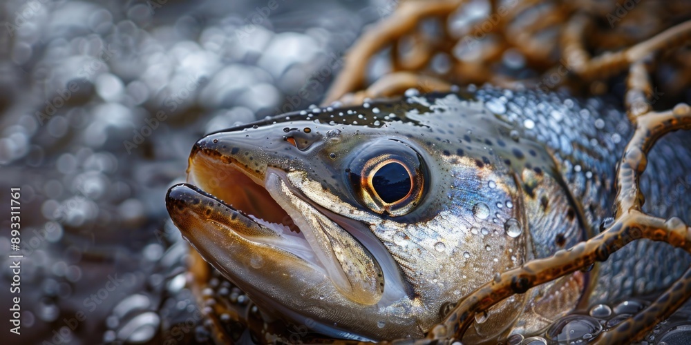Close-up View of Fish Caught in Net with Detailed Scales and Fins, Water Droplets Visible Close-up View of Fish Caught in Net with Detailed Scales and Fins, Water Droplets Visible