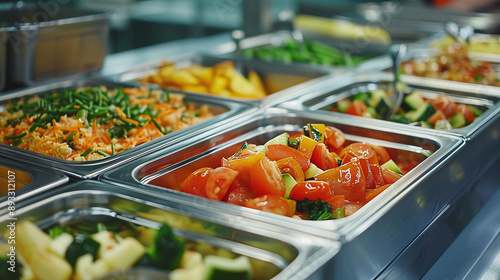 food on metal tray in modern school canteen with copy space