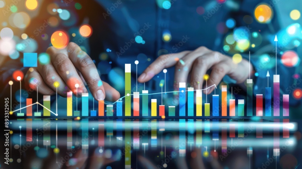 Hands interacting with digital data visualisation graph Hands interacting with digital data visualisation graph