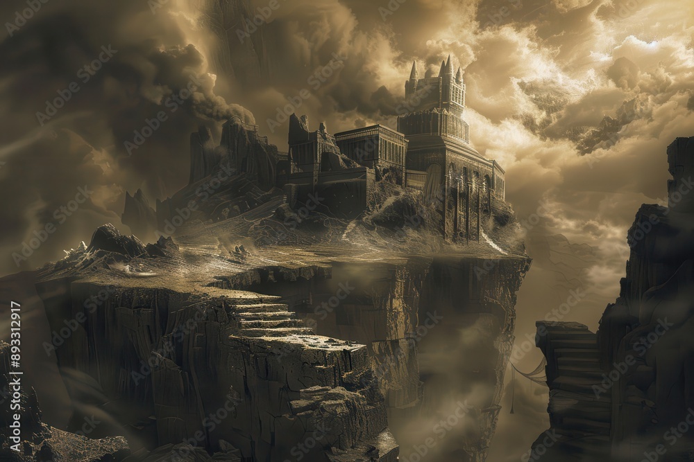Fototapeta premium Ancient citadel perched precariously on a rocky precipice shrouded in mist