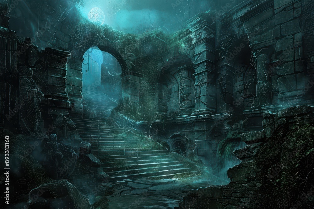 Ancient ruins of a forgotten temple shrouded in mist and moonlight Ancient ruins of a forgotten temple shrouded in mist and moonlight