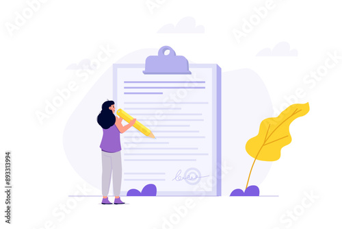 Woman signing contract, holding a pen near a document and agreement.  Signing bilateral contract. Flat vector illustration.