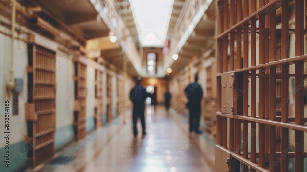 Prison corridor with guards and cells in the background. Prison corridor with guards and cells in the background.