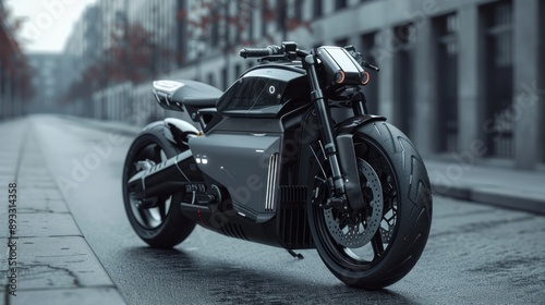 Sleek electric motorcycle parked on an urban street.