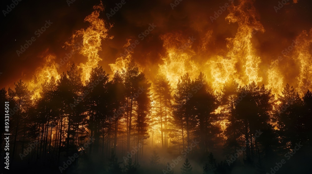 Intense Wildfire Engulfing a Forest at Night Intense Wildfire Engulfing a Forest at Night
