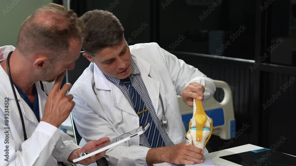 Doctors team are analyzing fracture knee model showing the process of ...