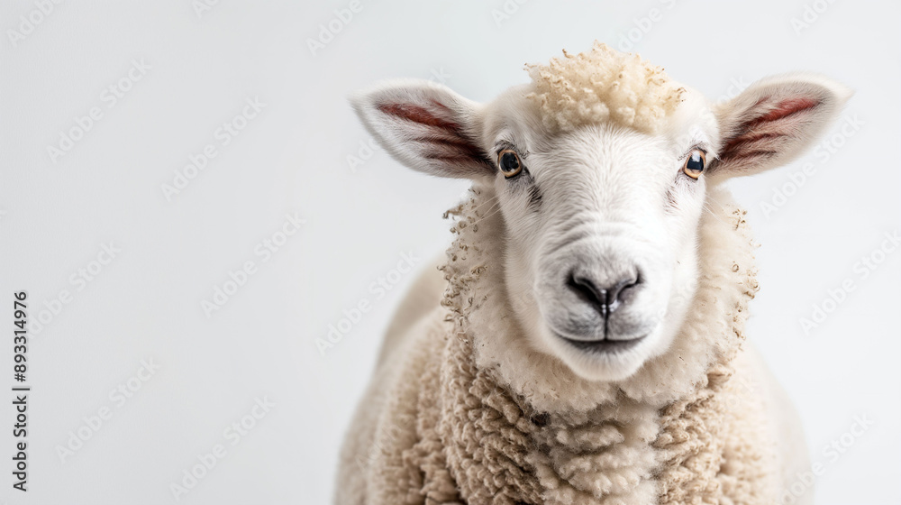 A close up portrait of a white sheep against a plain background. The mood is calm and serene, suitable for themes of agriculture, farm animals, animal welfare, and anti cruelty. Copy space A close up portrait of a white sheep against a plain background. The mood is calm and serene, suitable for themes of agriculture, farm animals, animal welfare, and anti cruelty. Copy space