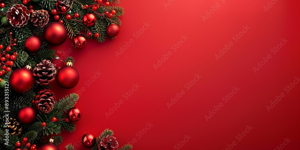 The festive Christmas background is adorned with ornaments, pine cones, and holly, evoking a warm and joyful atmosphere perfect for the holiday season, filled with cheer and celebration The festive Christmas background is adorned with ornaments, pine cones, and holly, evoking a warm and joyful atmosphere perfect for the holiday season, filled with cheer and celebration