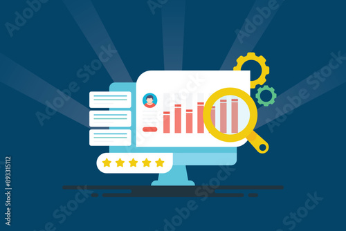 Seo analysis tracking website performance metrics on search engine page, monitoring keyword ranking, social signals, content optimization software concept, vector illustration.