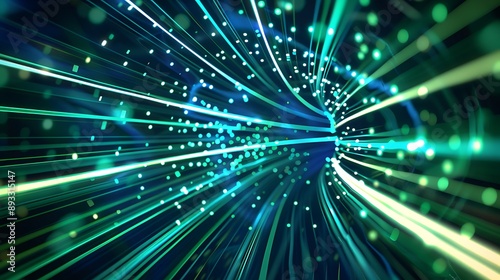 Description Abstract tunnel from digital neon lights on dark background futuristic sparkling lines of dark blue and green colors