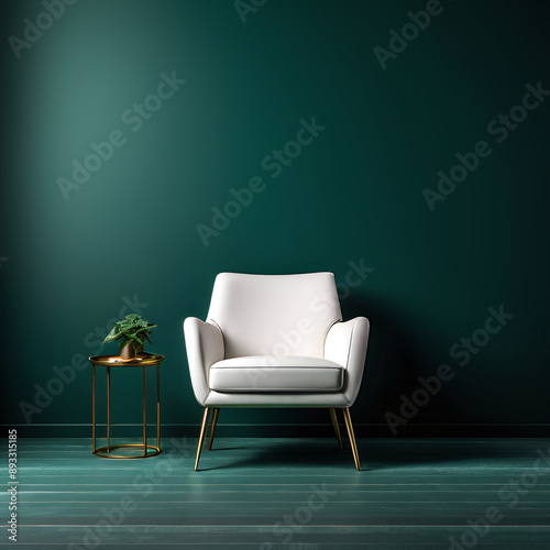 Studio background with dark green walls and white armchairs