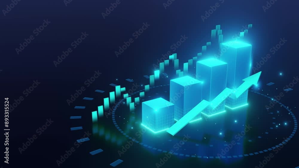 A futuristic 3D graph with glowing bars and an upward arrow ...