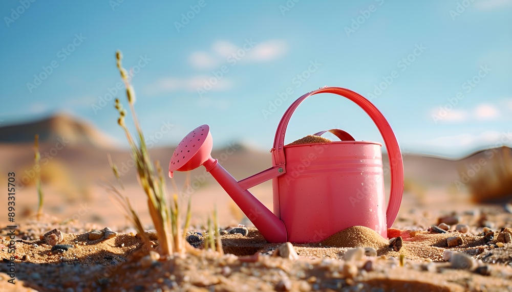 Pink watering can on sand in desert. Space for text Pink watering can on sand in desert. Space for text