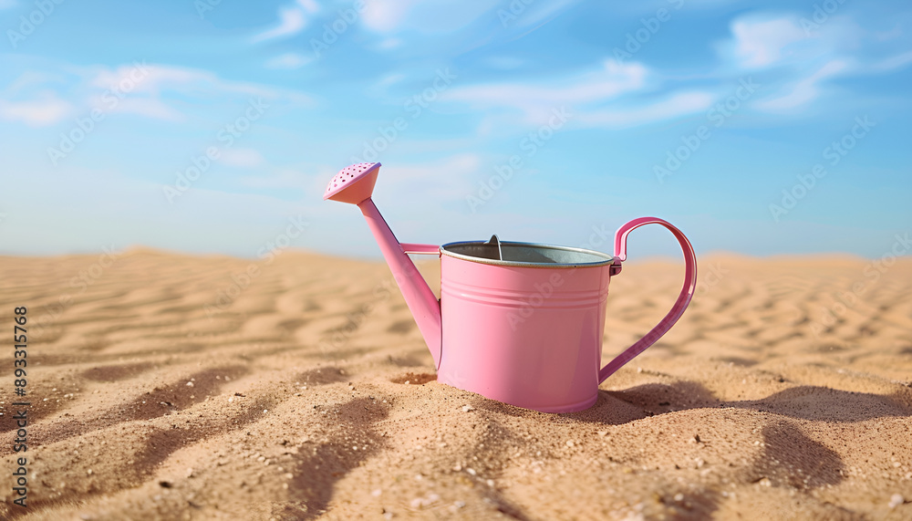 Pink watering can on sand in desert. Space for text Pink watering can on sand in desert. Space for text
