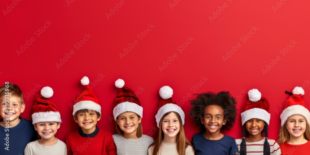 During Christmas, a group of joyful children wearing Santa hats celebrate together, spreading joy and unity. The kids enjoy the festive season, bringing warmth and happiness to the community During Christmas, a group of joyful children wearing Santa hats celebrate together, spreading joy and unity. The kids enjoy the festive season, bringing warmth and happiness to the community