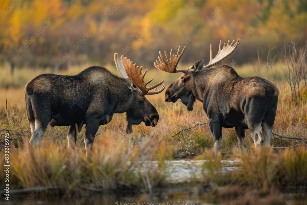 Obraz premium A young bull appearing dejected as he is pushed out of the dominant Moose's territory.
