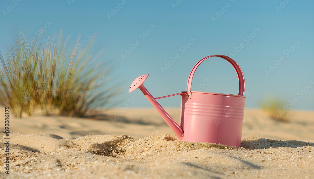 Pink watering can on sand in desert. Space for text Pink watering can on sand in desert. Space for text