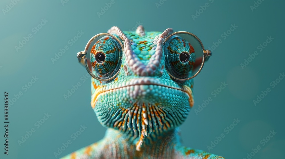A Close up of a Chameleon Wearing Glasses on a Blue Background - Generative AI A Close up of a Chameleon Wearing Glasses on a Blue Background - Generative AI