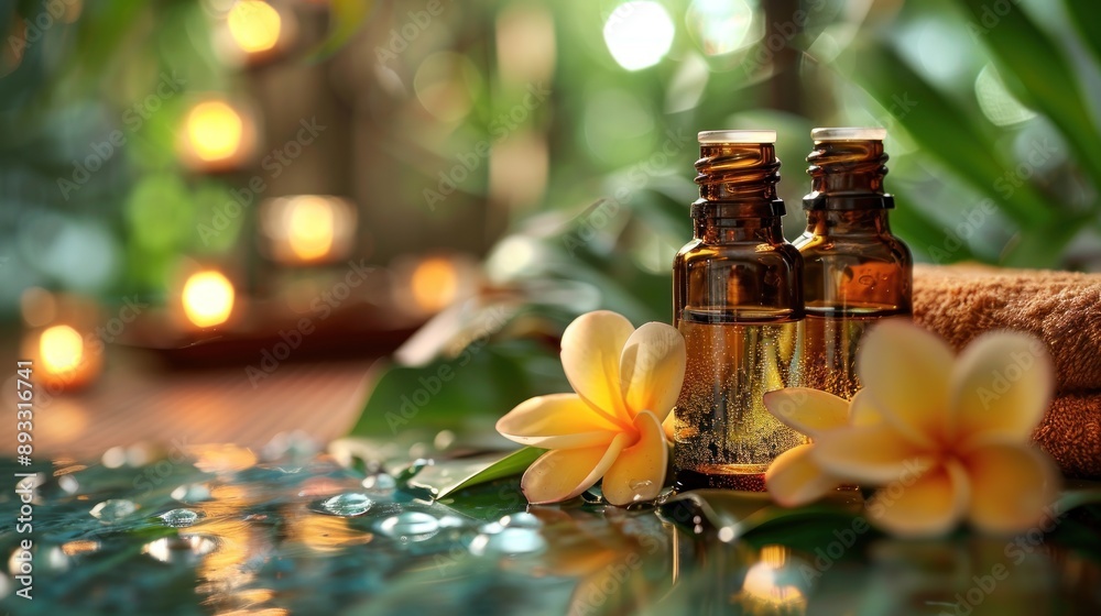 Essential oil bottles with flowers and candles. Essential oil bottles with flowers and candles.