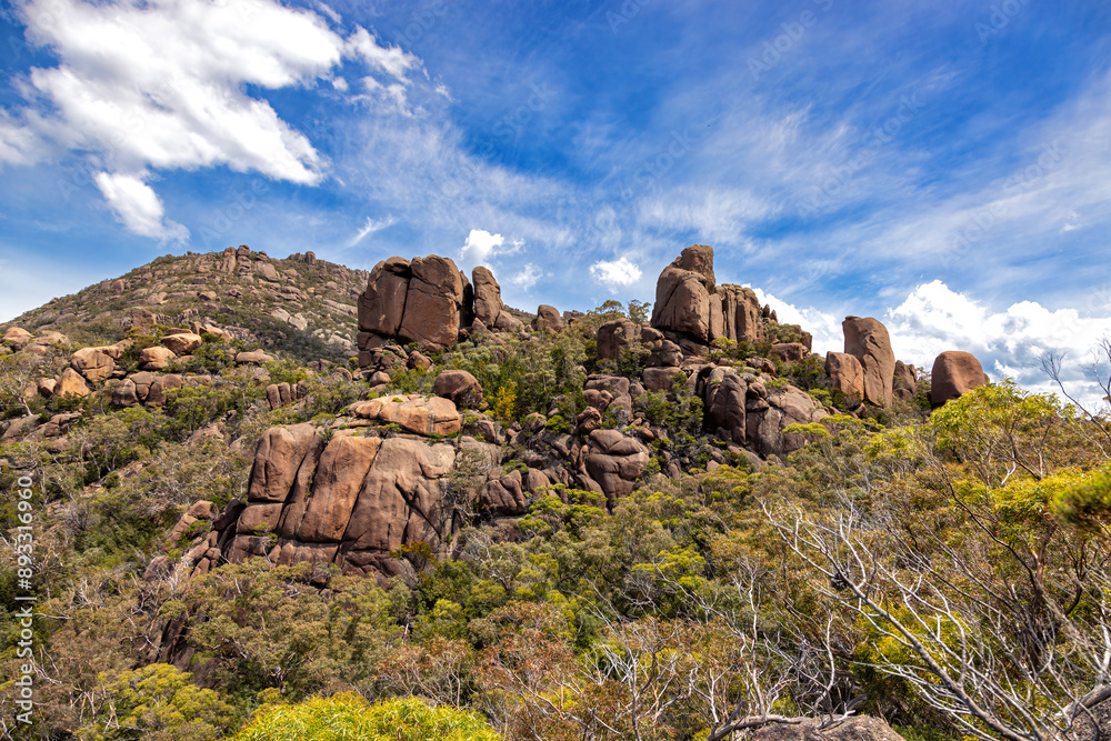 Fototapeta premium View of the Hazards, a mountain range at Wineglass Bay, Freycinet National Park, Tasmania, Australia. Rocky outcrop surrounded by eucalyptus forest. Summer sky background.